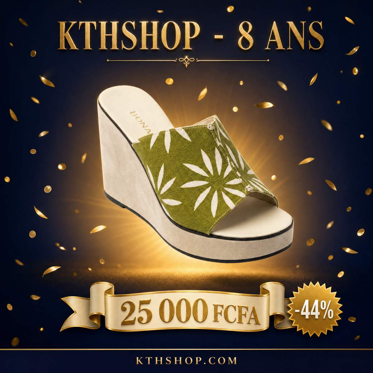 KTHSHOP 8 ans — Mule compensée verte à motif floral à 25 000 FCFA
