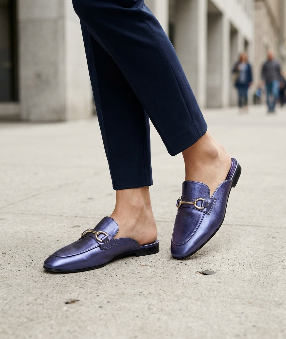 Mules Zara bleu métallisé avec détail mors doré