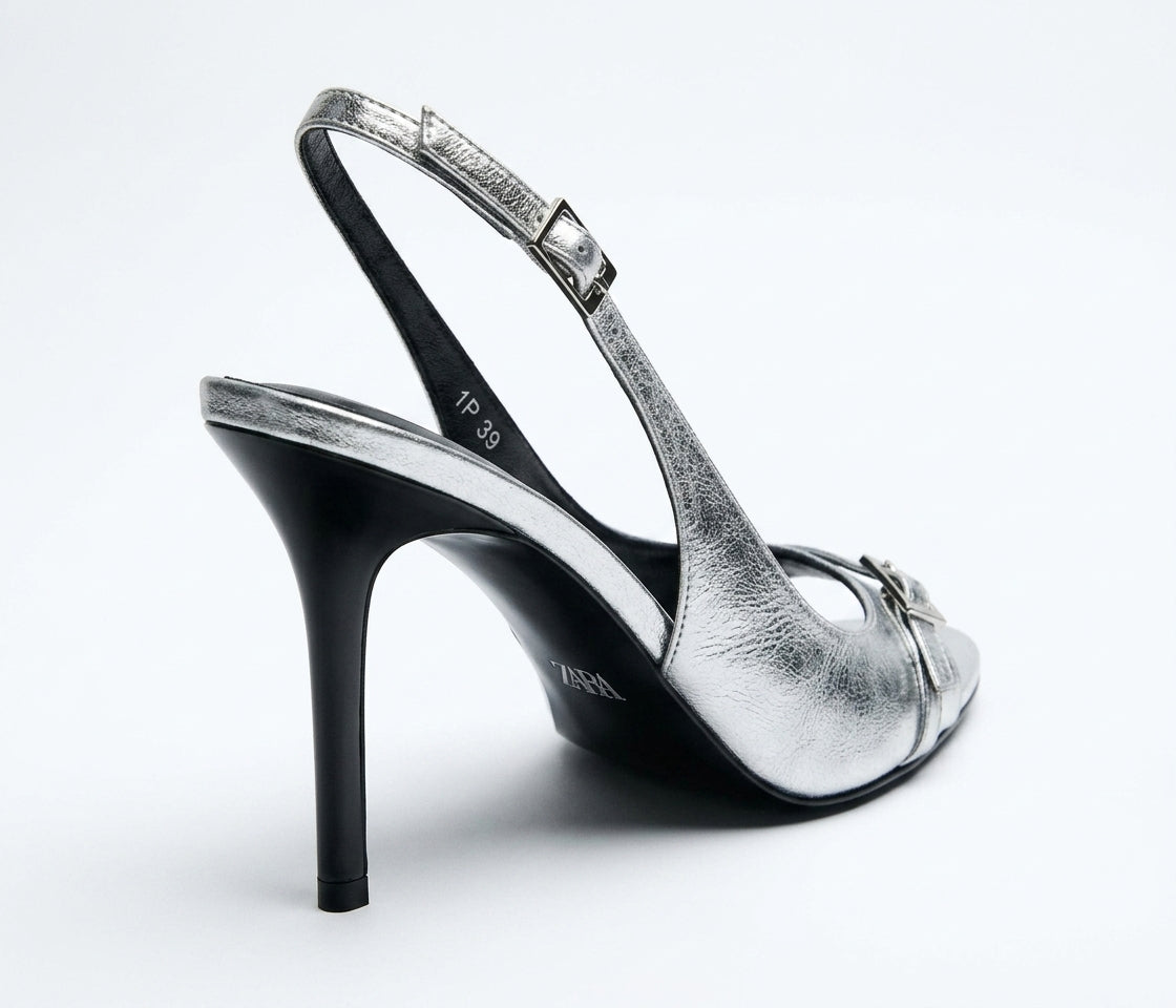 Sandale à talon slingback Zara argentée