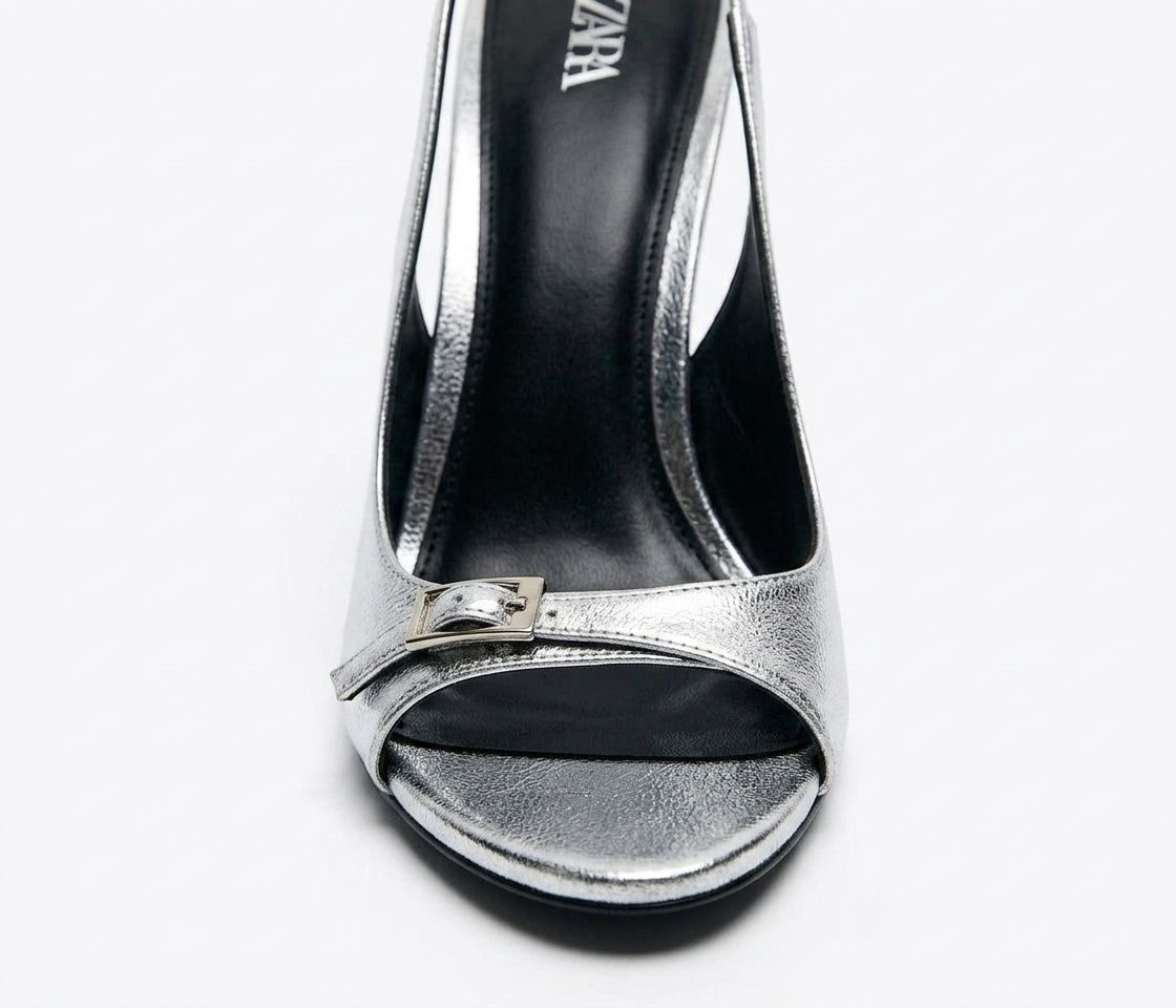 Sandale à talon slingback Zara argentée