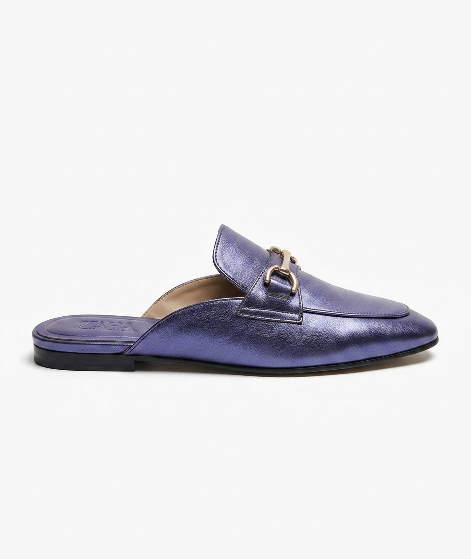 Mules Zara bleu métallisé avec détail mors doré