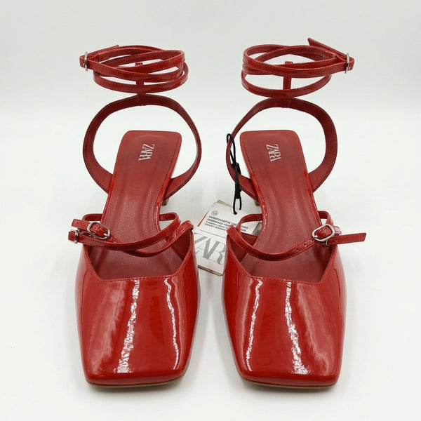 Zara Red Flat Shoes with Square Toe and Straps