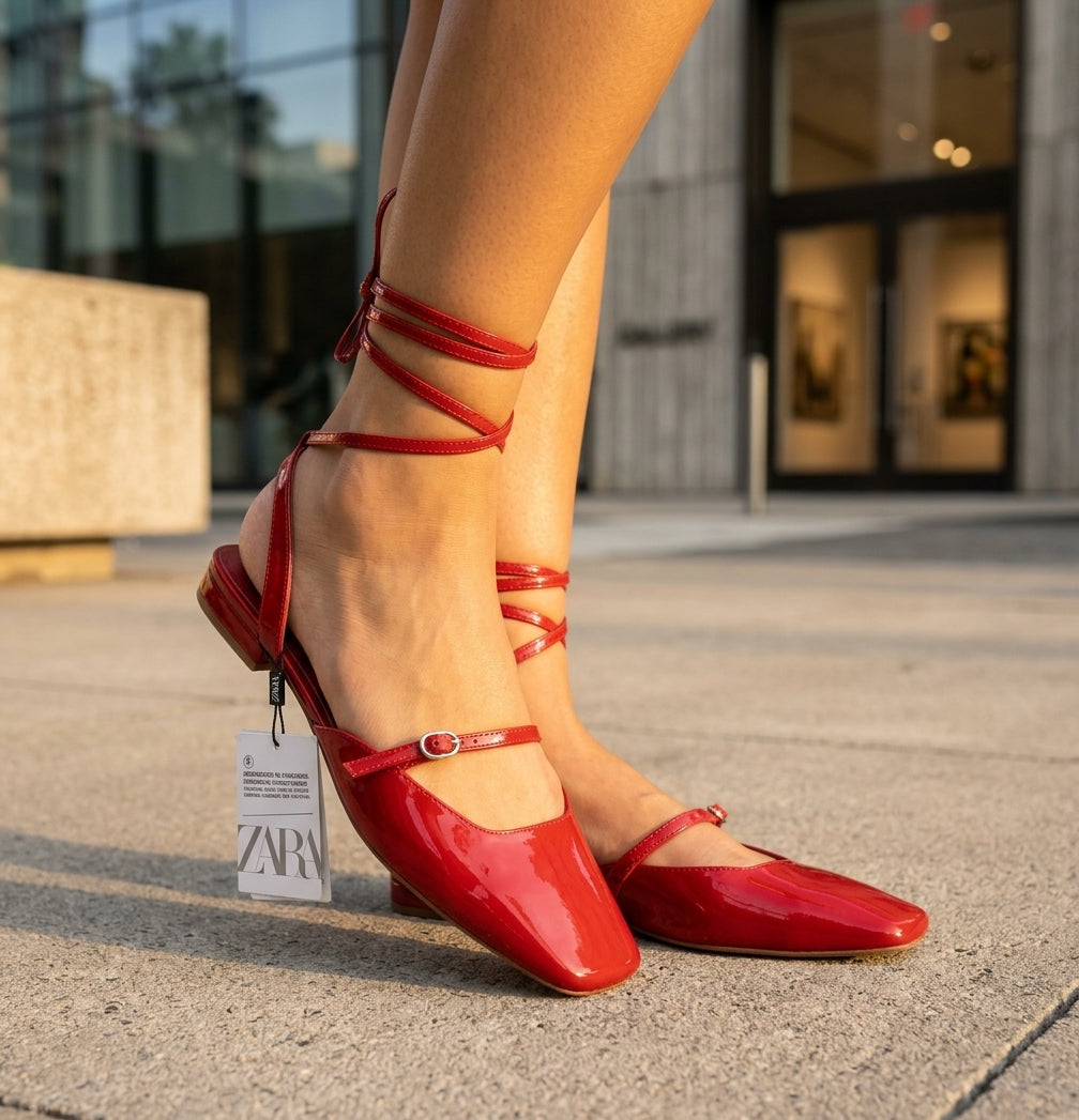 Chaussure plate rouge Zara à bout carré avec brides