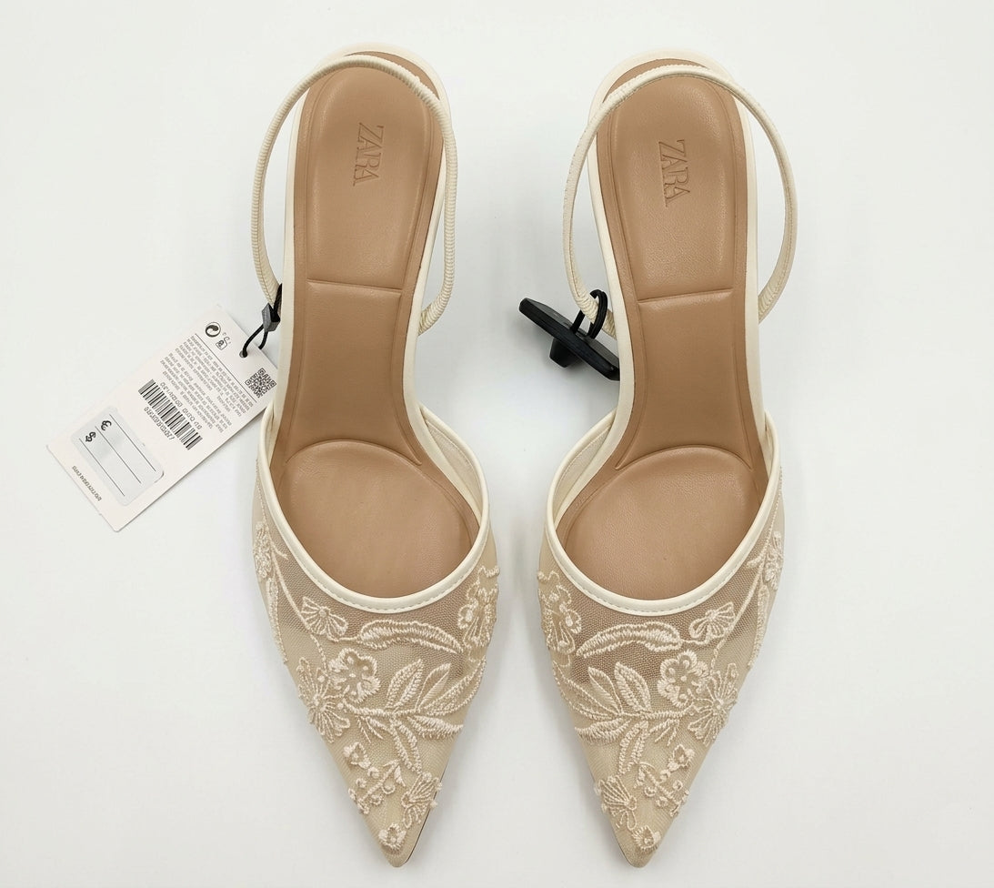 Slingback Zara crème avec broderies florales