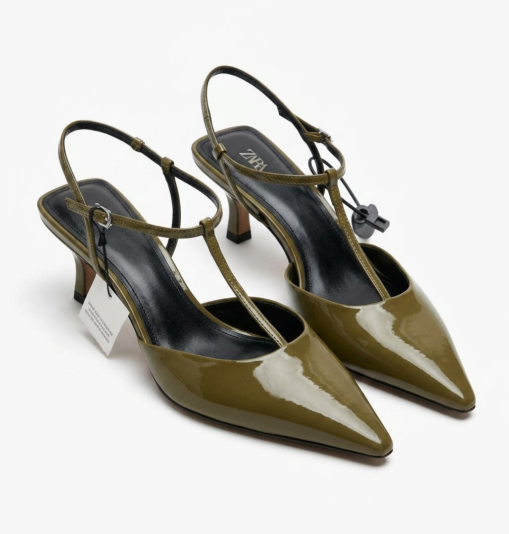 Escarpin Zara vert kaki brillant