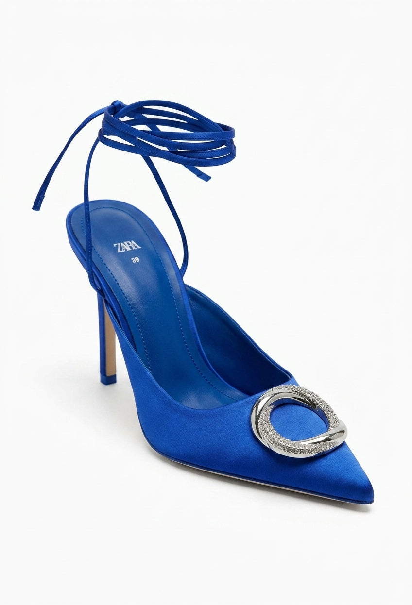 Escarpin Zara bleu à bout pointu avec boucle strass et lanières