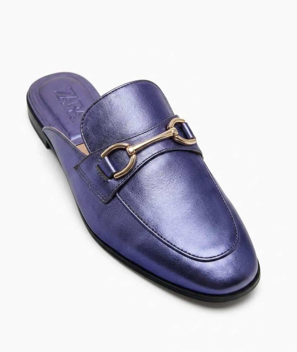 Mules Zara bleu métallisé avec détail mors doré