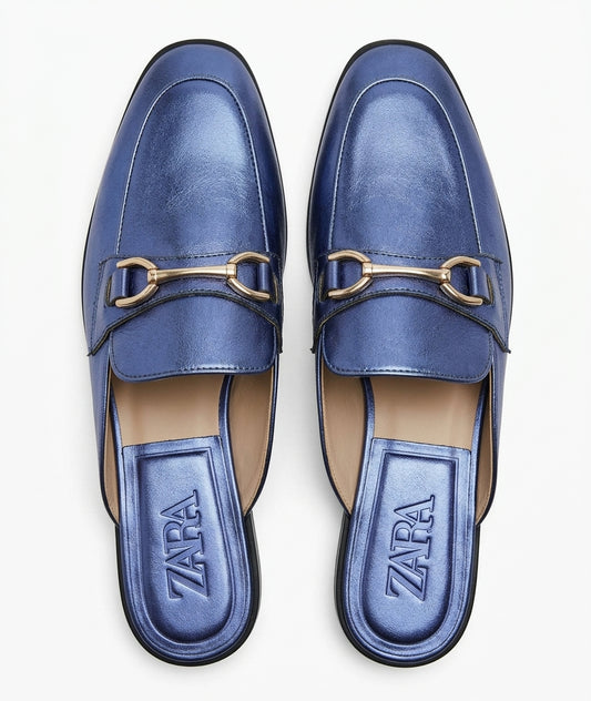 Mules Zara bleu métallisé avec détail mors doré